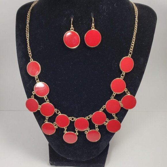 Stylish Gold-tone Red Flat Round Discs Necklace & Matching Earrings Set Women's - Picture 7 of 8
